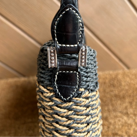 Brighton Woven Satchel Bag Purse Black Tan Straw Leather Shoulder strap - Picture 3 of 7